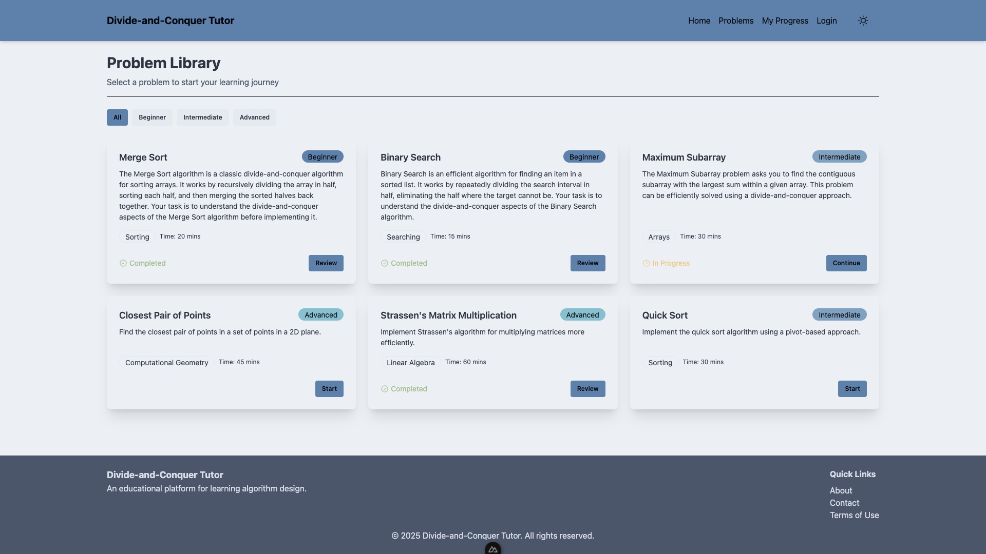 Problem Selection Page ↑ 